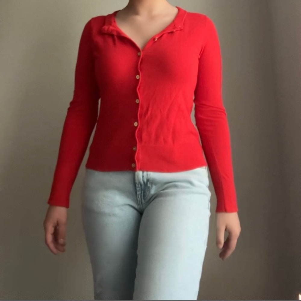 J. Crew Bright Red Cardigan with Gold Buttons Small